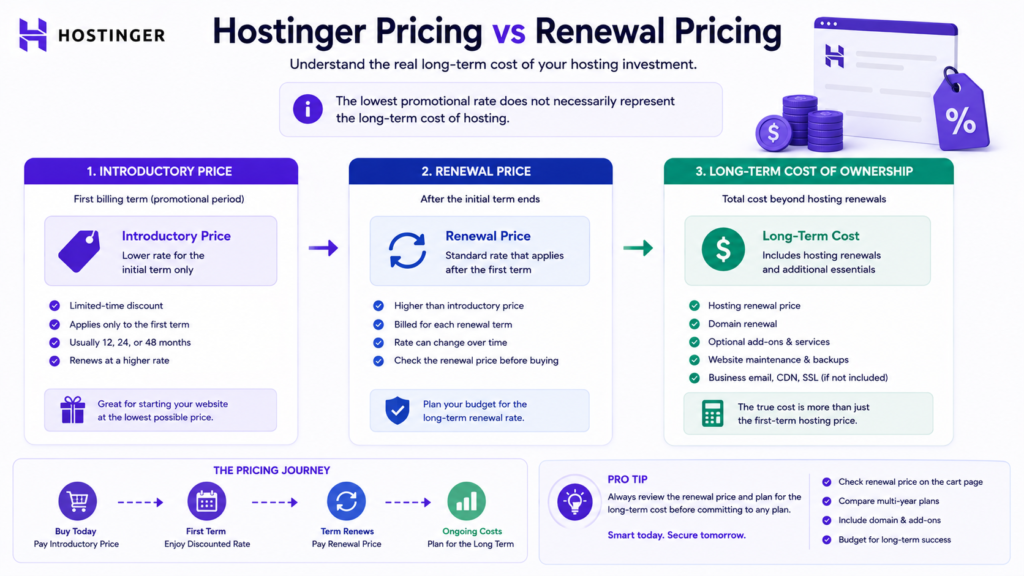 Hostinger hosting introductory pricing compared with renewal pricing and long-term hosting ownership cost.