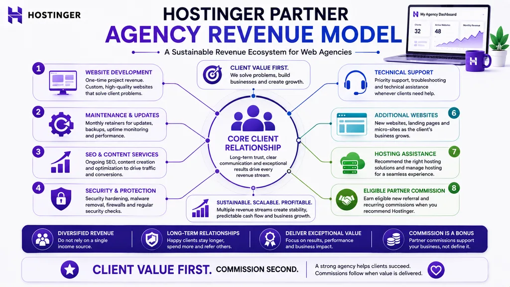 Web agency revenue model combining development services maintenance SEO and eligible Hostinger Partner commissions