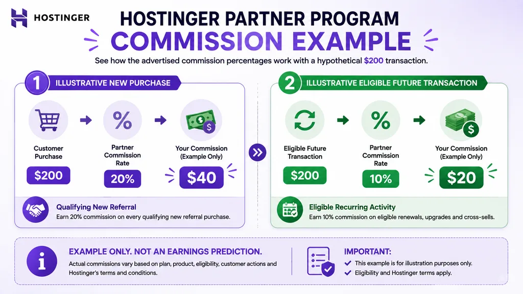 Illustrative Hostinger Partner commission calculation for a qualifying 200 dollar transaction