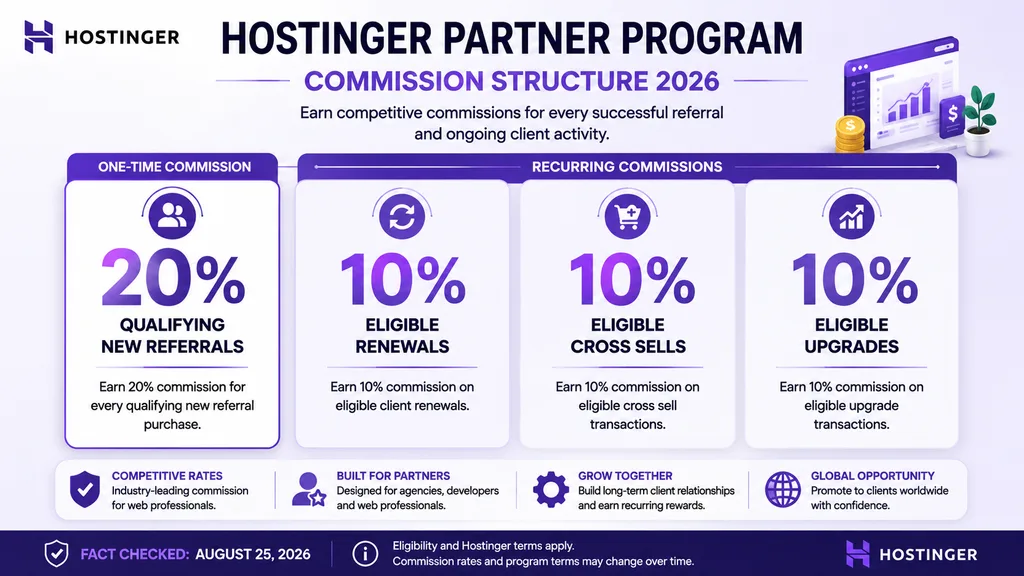 Hostinger Partner Program commission showing new referrals renewals cross sells and upgrades
