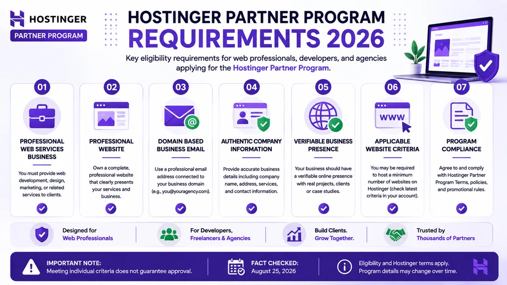 Hostinger Partner Program requirements including professional website business email and authentic company information