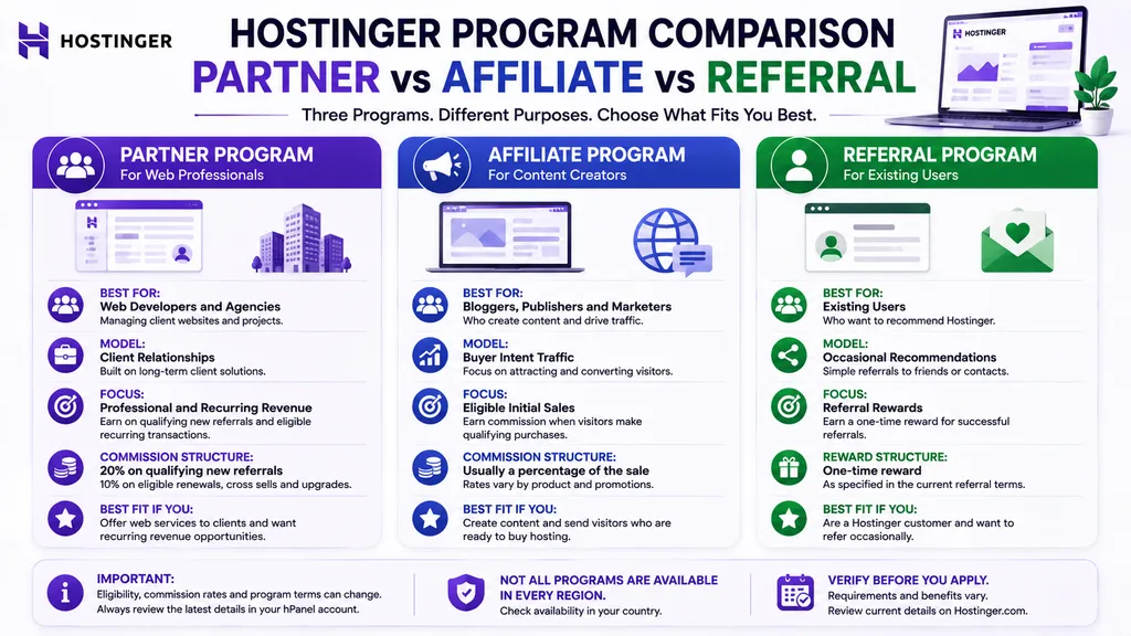 Hostinger Partner Program vs Affiliate Program vs Referral Program comparison