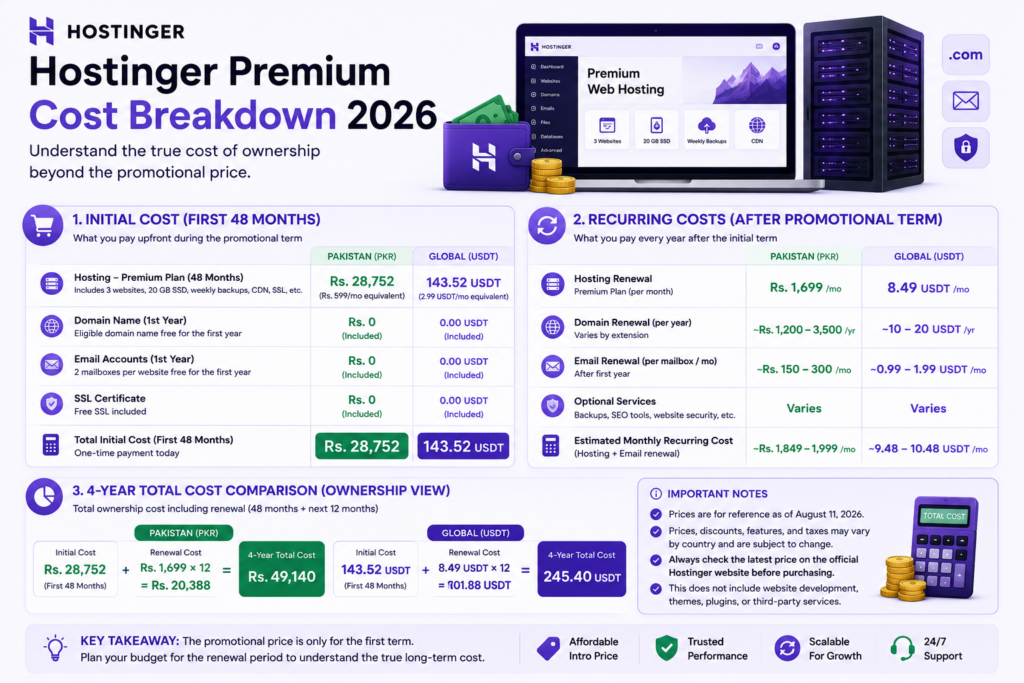 Hostinger Premium cost breakdown covering hosting, renewal, domain, email, and recurring website expenses.