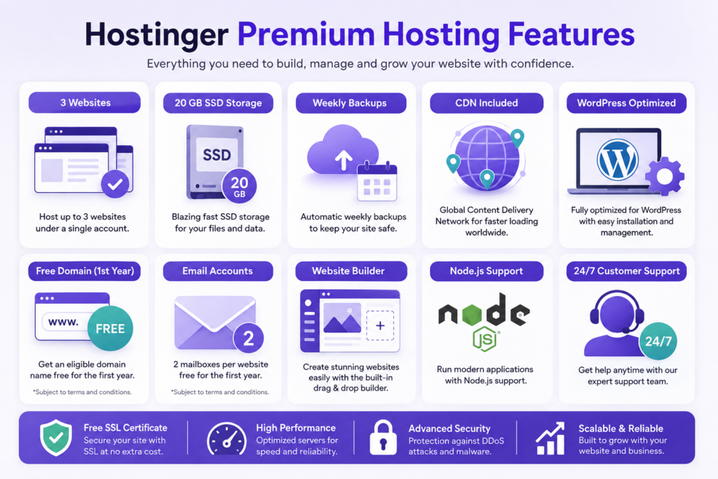 Hostinger Premium hosting features including three websites, 20 GB SSD storage, weekly backups, CDN, WordPress, domain, and email.
