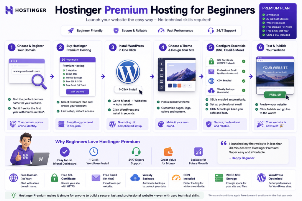 Beginner website setup using Hostinger Premium hosting, WordPress, domain, SSL, email, CDN, and backups.