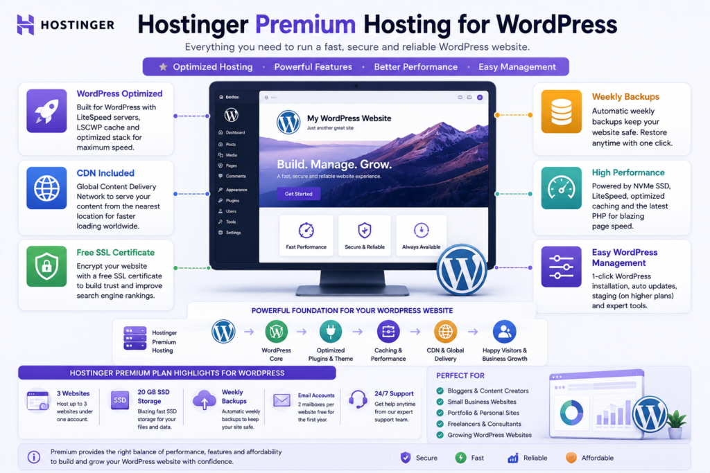 Hostinger Premium hosting for WordPress with CDN, SSL, backups, website management, and performance optimization.