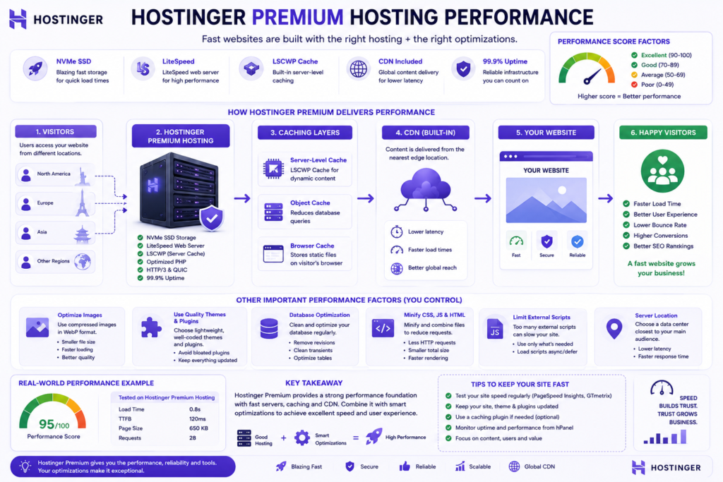 Hostinger Premium website performance factors including hosting, CDN, caching, images, plugins, database, and server location.