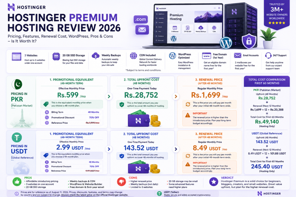 Hostinger Premium hosting pricing showing promotional monthly equivalent, upfront 48-month cost, and renewal price.