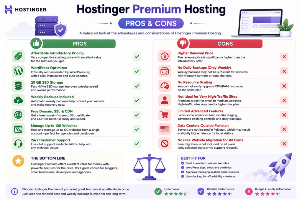 Hostinger Premium hosting pros and cons covering pricing, WordPress, storage, backups, website limits, and renewal cost.