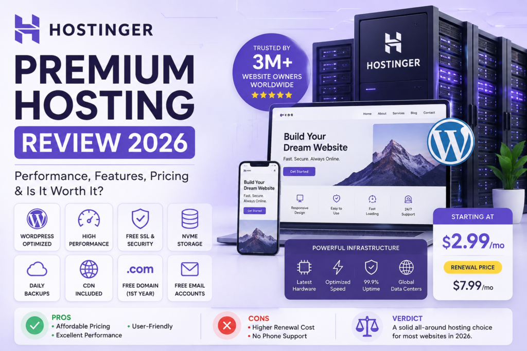 Hostinger Premium Hosting Review 2026 covering pricing, renewal cost, WordPress, features, pros and cons.