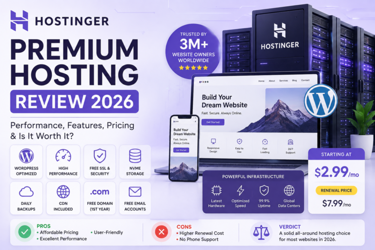 Hostinger Premium Hosting Review 2026 covering pricing, renewal cost, WordPress, features, pros and cons.