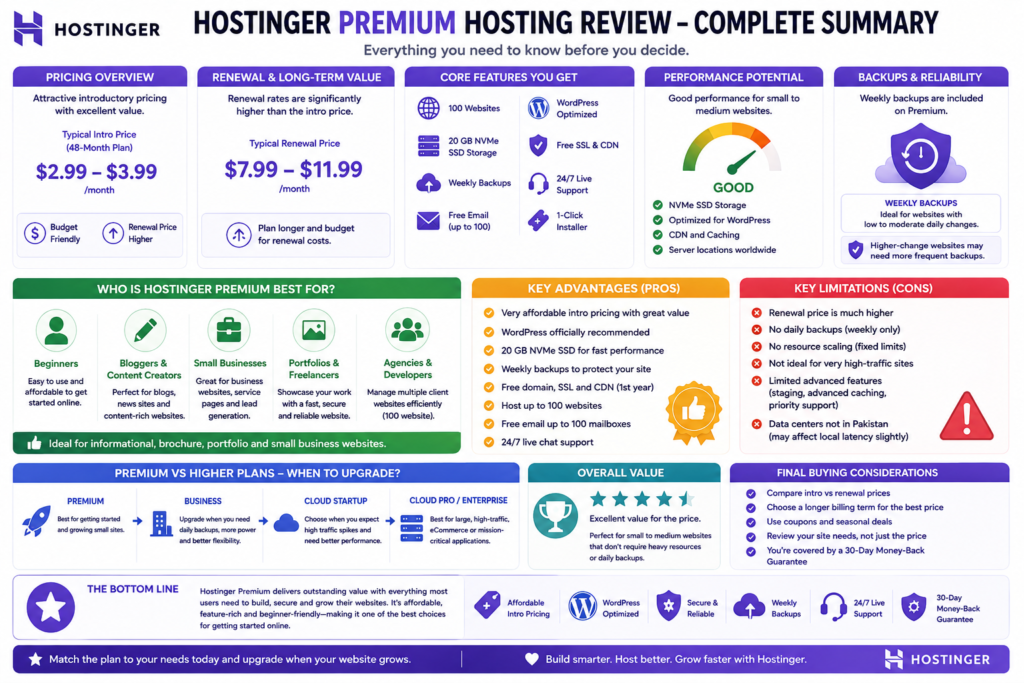 Complete Hostinger Premium Hosting Review summary covering pricing, renewal, WordPress, storage, backups, pros, cons, and buyer suitability.