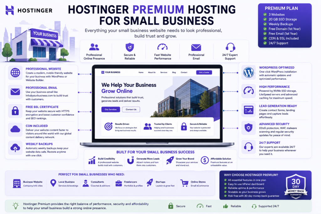Small business website using Hostinger Premium hosting for WordPress, professional email, security, contact forms, and lead generation.