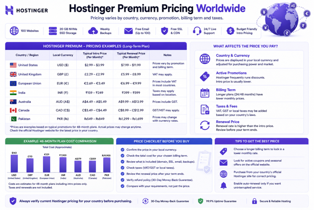 Hostinger Premium pricing varies by country, currency, promotion, billing term, taxes, and renewal rate.