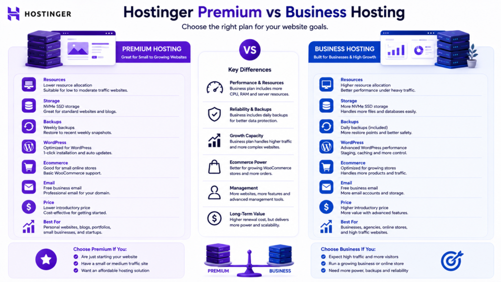 Hostinger Premium vs Business hosting comparison for website resources, backups, WordPress, ecommerce, price, and growth capacity.