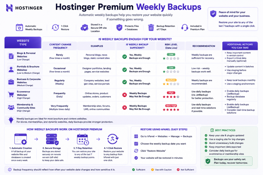 Hostinger Premium weekly backup suitability for blogs, portfolios, business websites, ecommerce, and membership sites.
