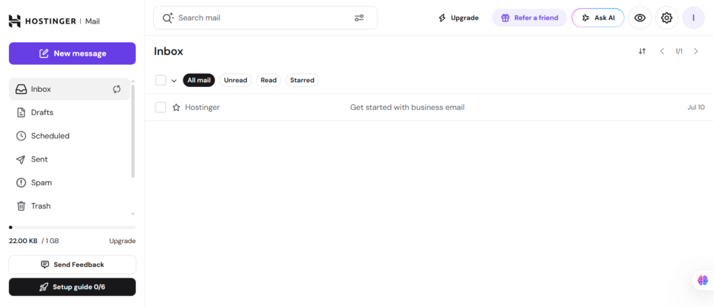 Hostinger hPanel email management dashboard showing business email administration options