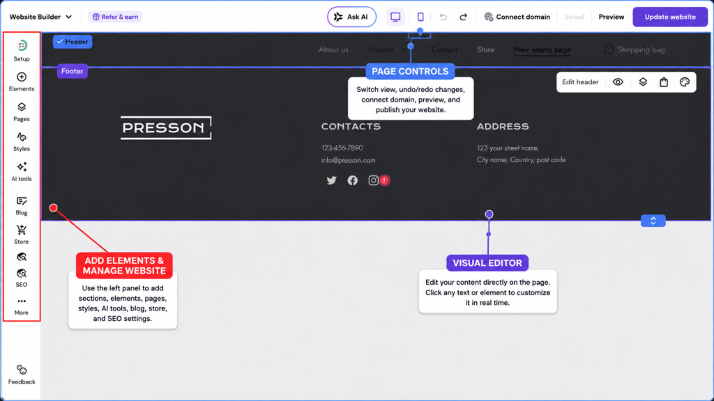 Hostinger Website Builder visual editor showing website customization controls