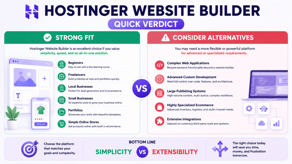 Decision guide showing who should consider Hostinger Website Builder and who may need WordPress or another platform