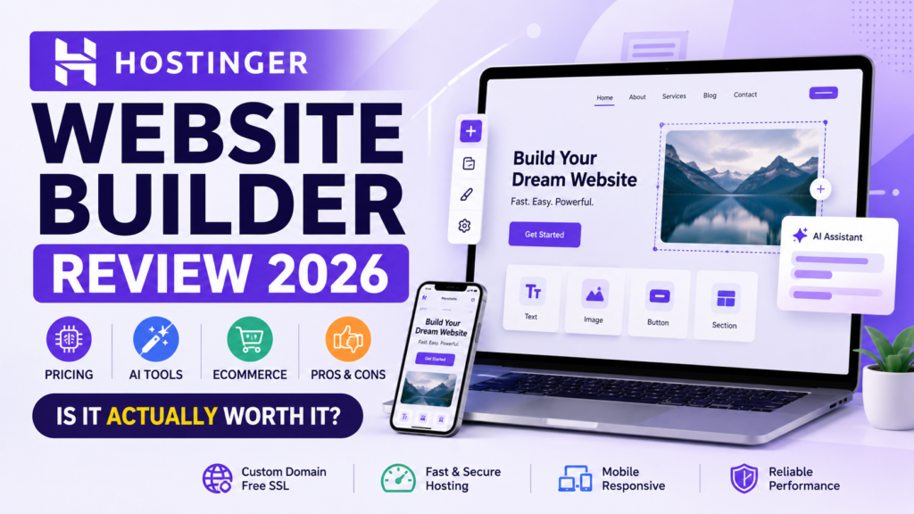 Hostinger Website Builder Review 2026 covering AI website creation, pricing, ecommerce, features, pros and cons