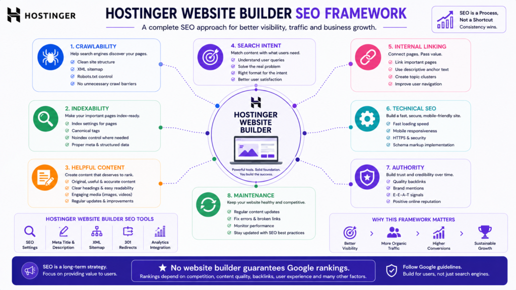 SEO framework for Hostinger Website Builder covering crawlability, content, search intent, internal links, technical SEO, and authority