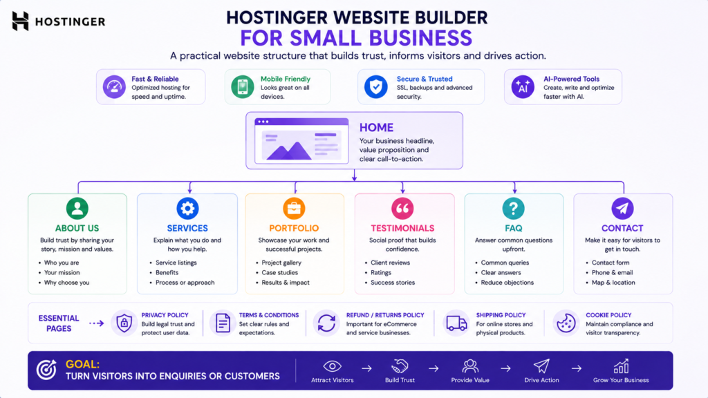 Small business website structure showing home, services, about, portfolio, testimonials, FAQ, and contact pages