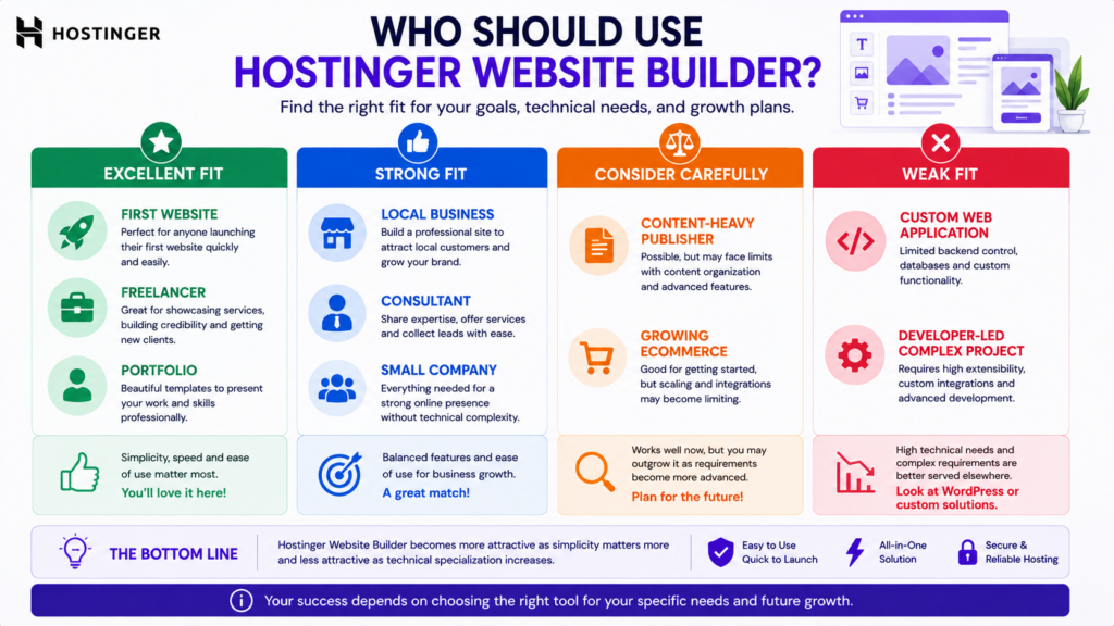 Hostinger Website Builder suitability chart for beginners, freelancers, local businesses, ecommerce stores, publishers, and developers