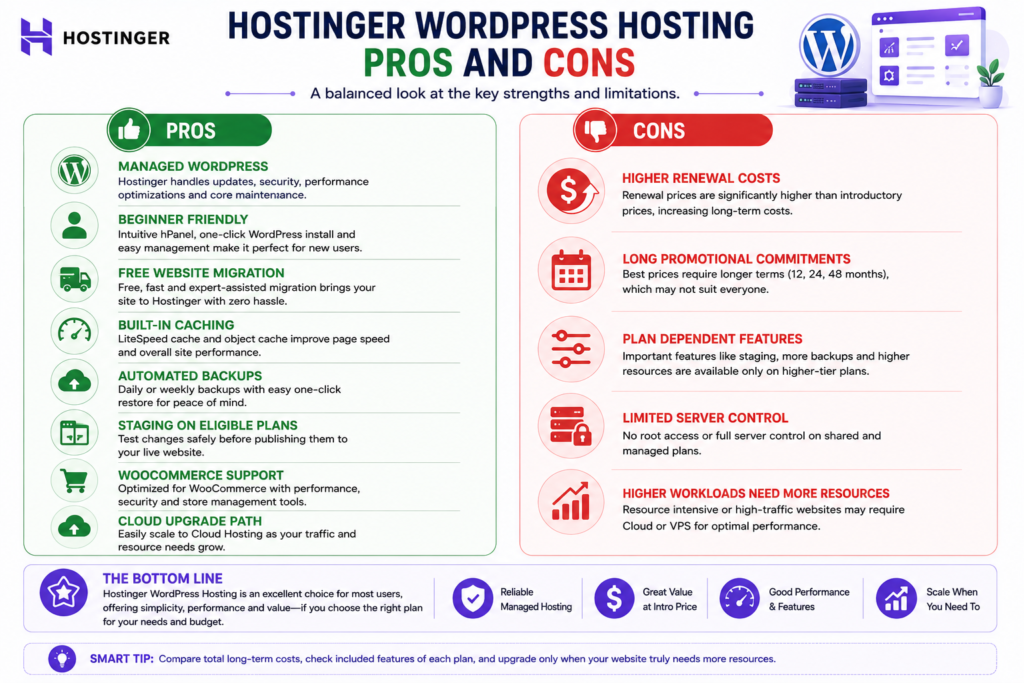 Hostinger WordPress hosting pros and cons covering management, pricing, performance, backups, and limitations