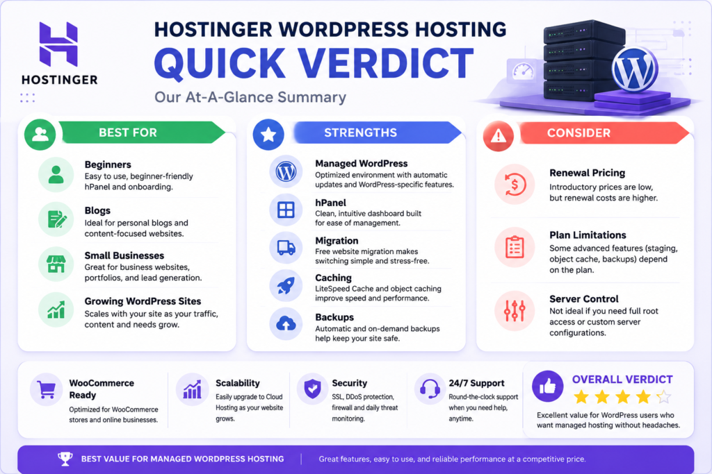 Quick verdict showing who Hostinger WordPress hosting is best suited for and its main limitations.