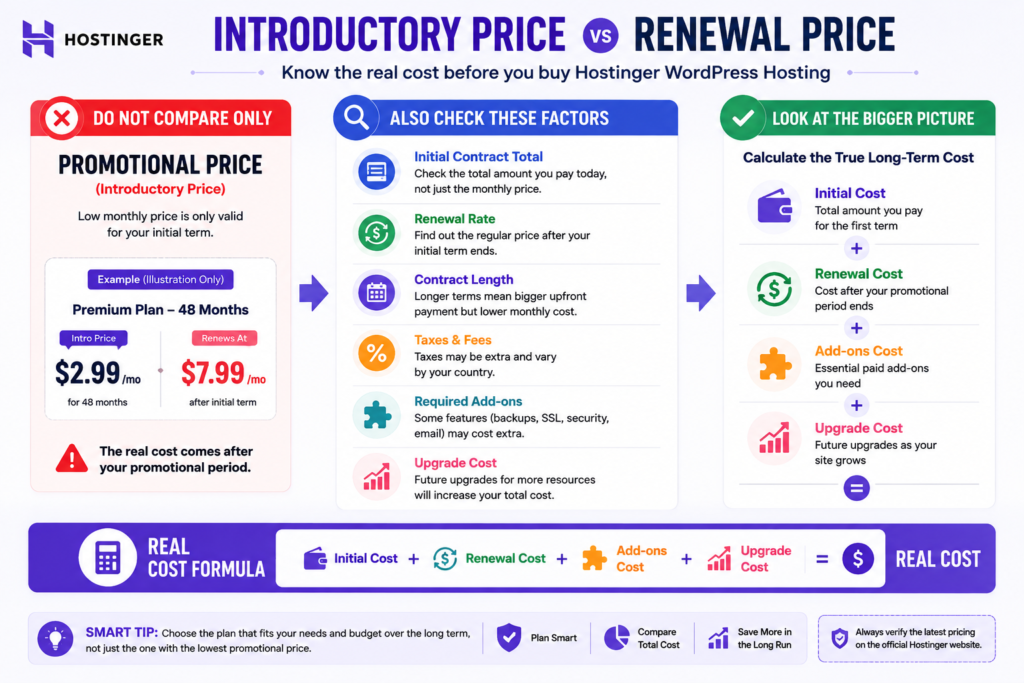 Hostinger WordPress hosting introductory pricing compared with renewal pricing.