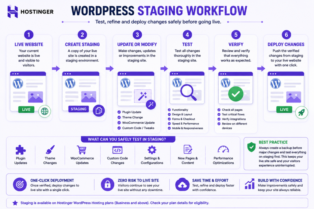 WordPress staging workflow for testing website changes before publishing them to a live site.