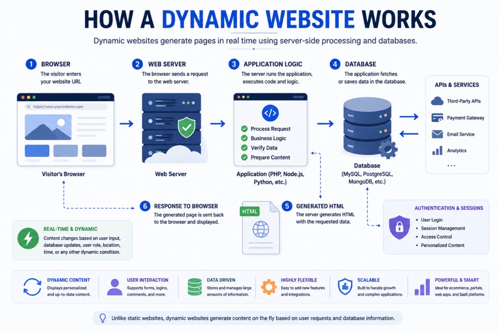 Illustration showing how a dynamic website retrieves information from a database before displaying content.