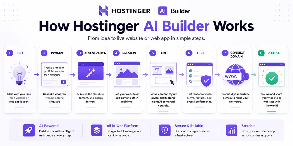 How Hostinger AI Builder works from AI prompt to website publishing