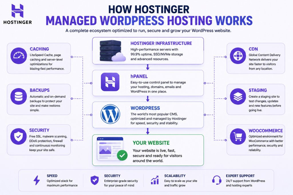 Diagram explaining Hostinger infrastructure, WordPress, hPanel, caching, staging, backups, and WooCommerce.