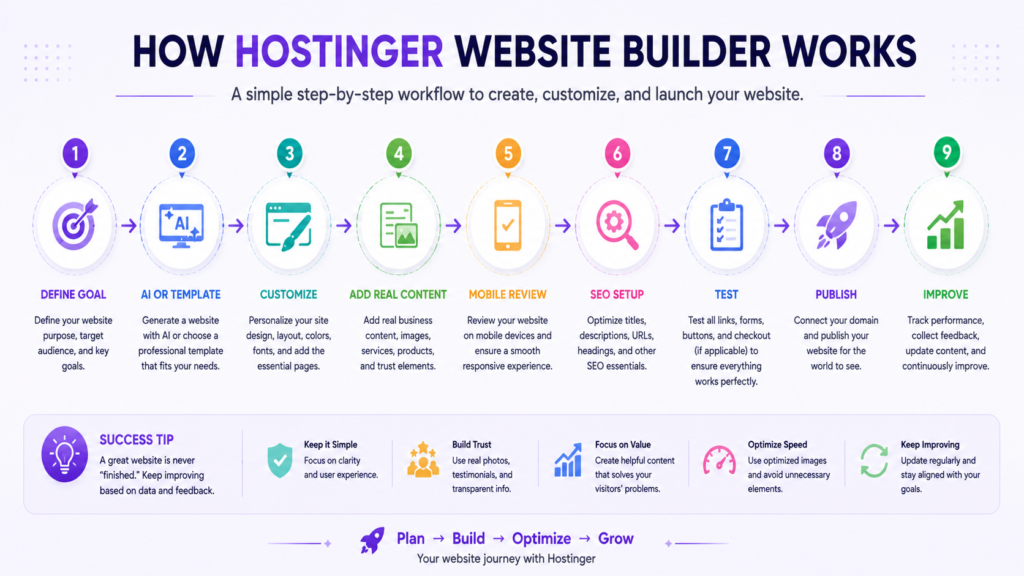 Workflow showing how to create, customize, review, test, and publish a website with Hostinger Website Builder