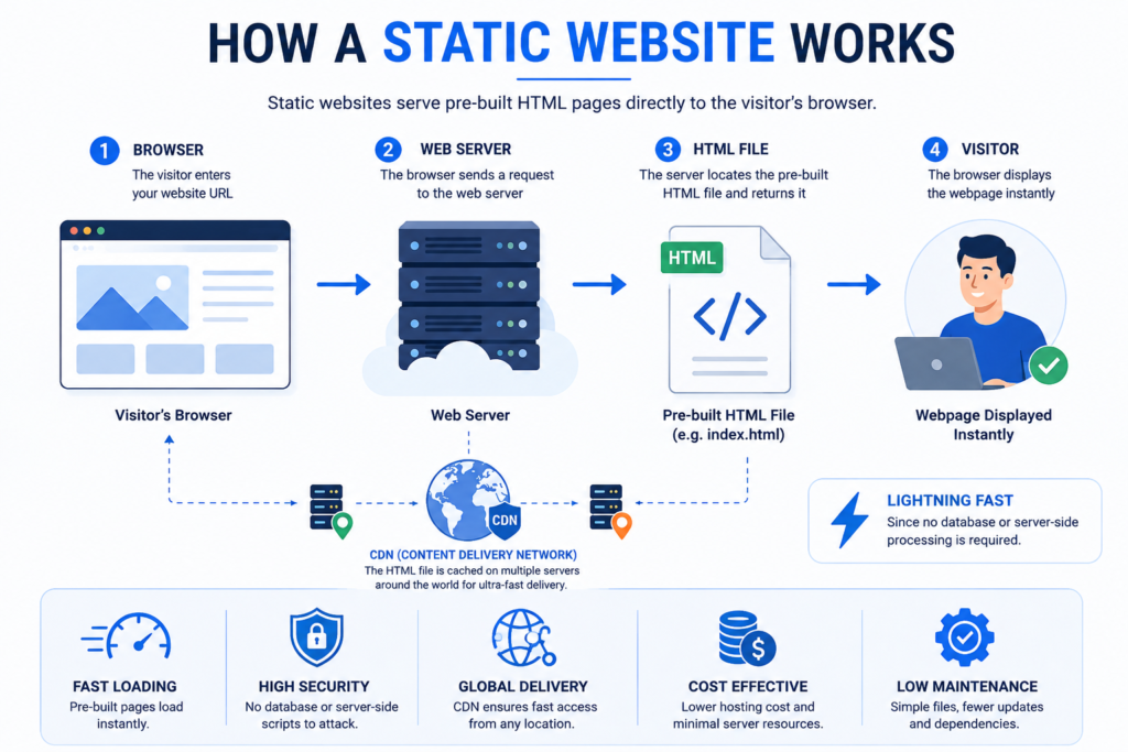 Diagram showing how a static website serves pre-built HTML pages directly to visitors.
