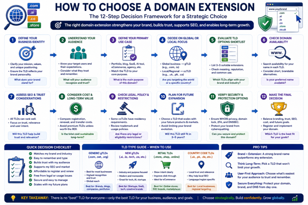 Twelve-step domain extension decision framework covering branding, SEO, geography, cost, and security.