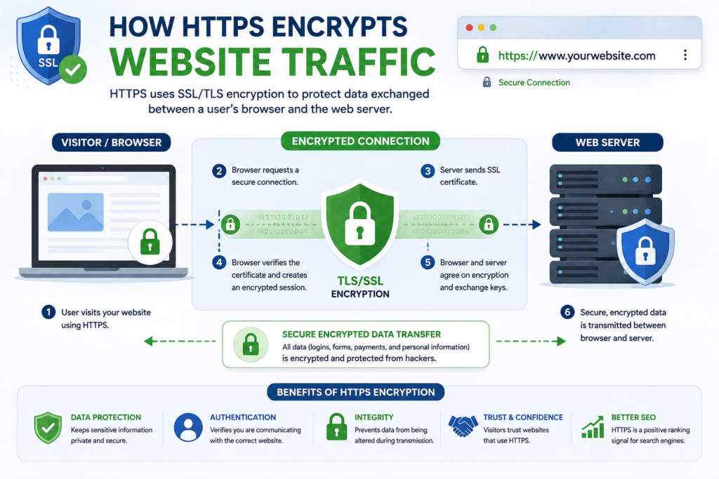 Illustration showing HTTPS encrypting information between a web browser and a secure server.