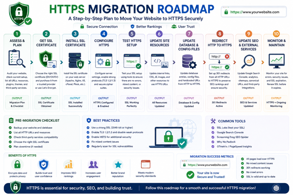 Flow diagram illustrating the process of migrating a website from HTTP to HTTPS.