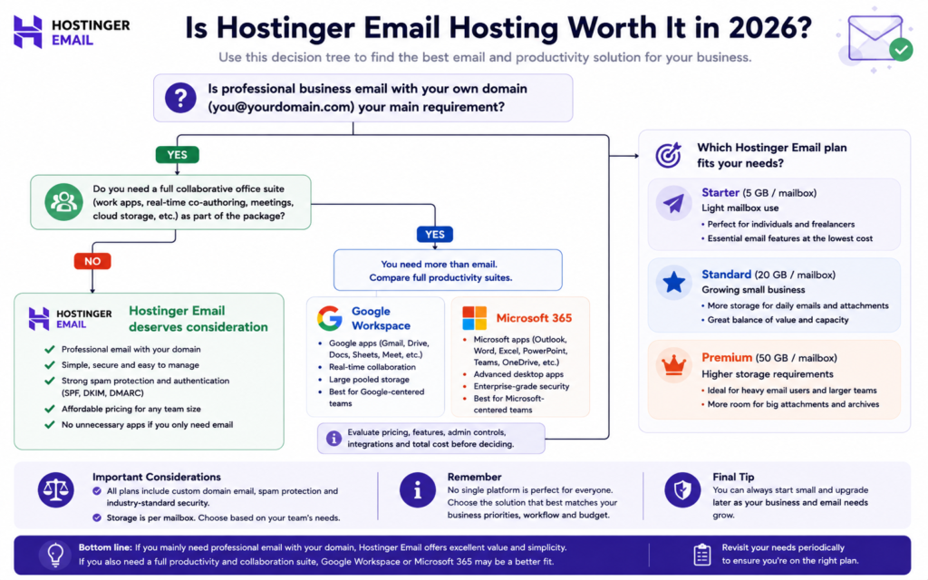 Decision tree showing when Hostinger Email is suitable and when Google Workspace or Microsoft 365 may be better