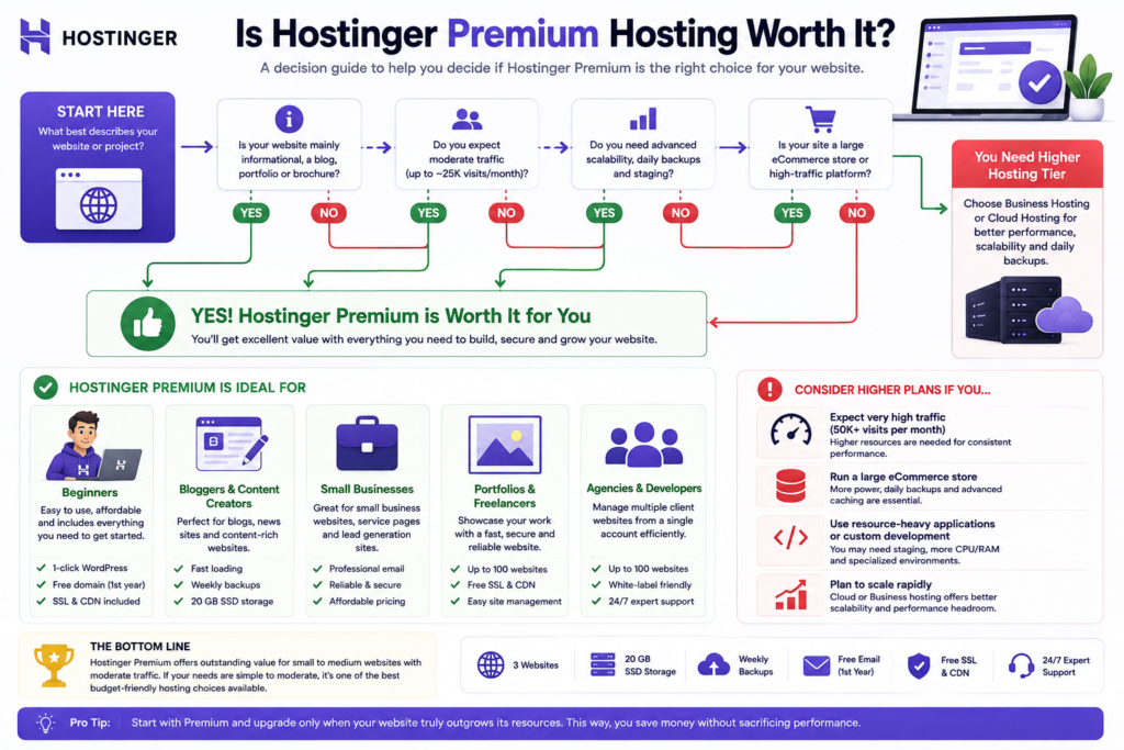 Decision guide showing whether Hostinger Premium hosting is worth it for beginners, bloggers, businesses, ecommerce, and agencies.