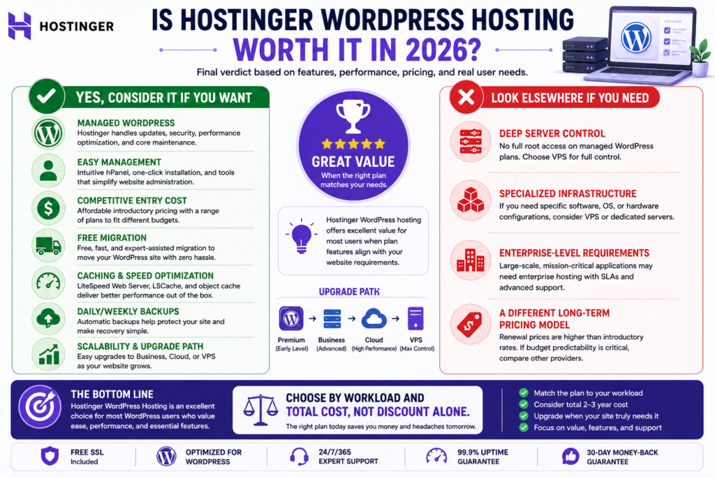 Final decision guide showing when Hostinger WordPress hosting is worth considering and when to choose another hosting option