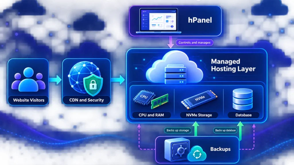 Diagram explaining managed cloud hosting with hPanel, server resources, CDN, and backups.