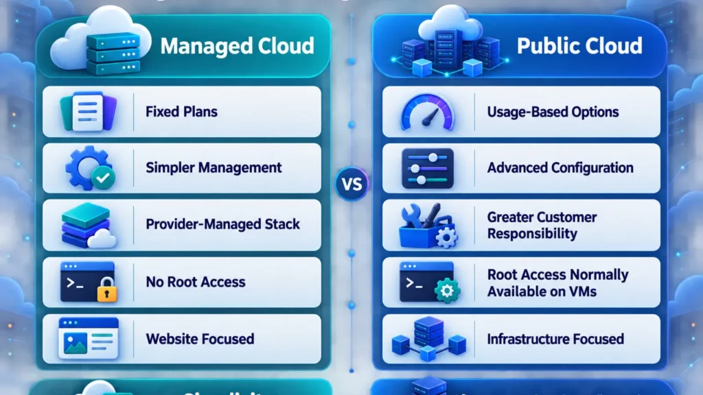 Managed cloud hosting compared with public cloud infrastructure.