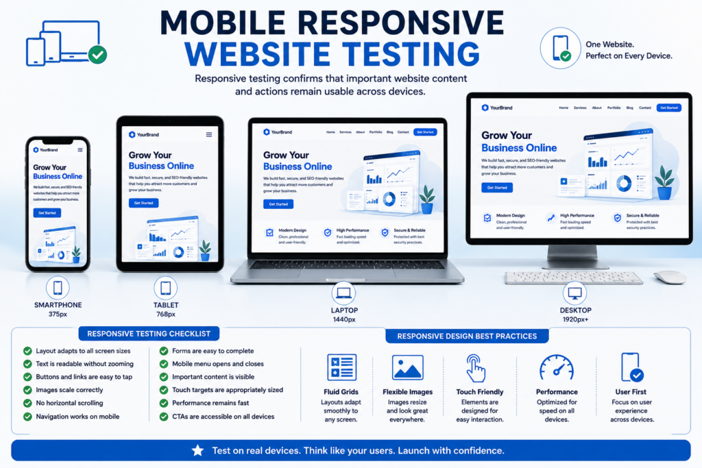 Responsive website testing across smartphone, tablet, laptop, and desktop screens.