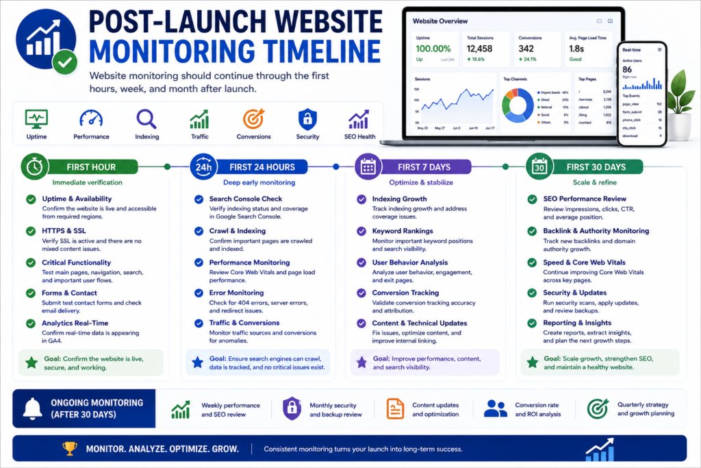 Post-launch website monitoring timeline covering the first 24 hours, 7 days, and 30 days.