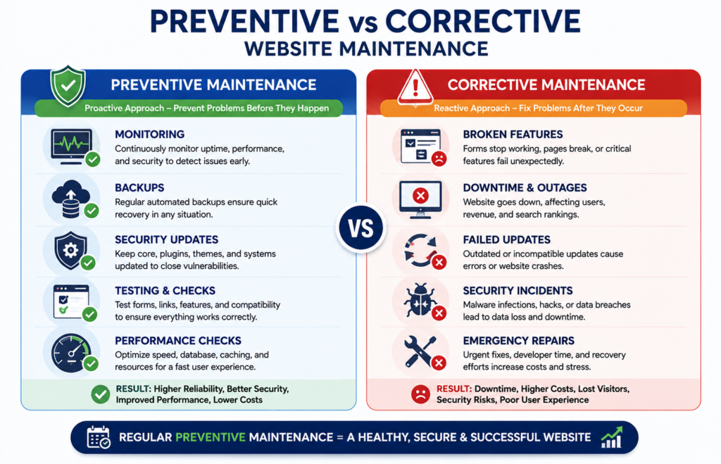 Comparison of preventive and corrective website maintenance showing proactive monitoring versus reactive website repairs.