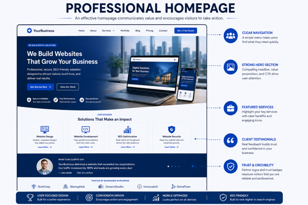 Modern business homepage featuring hero section, call-to-action, services, and testimonials.