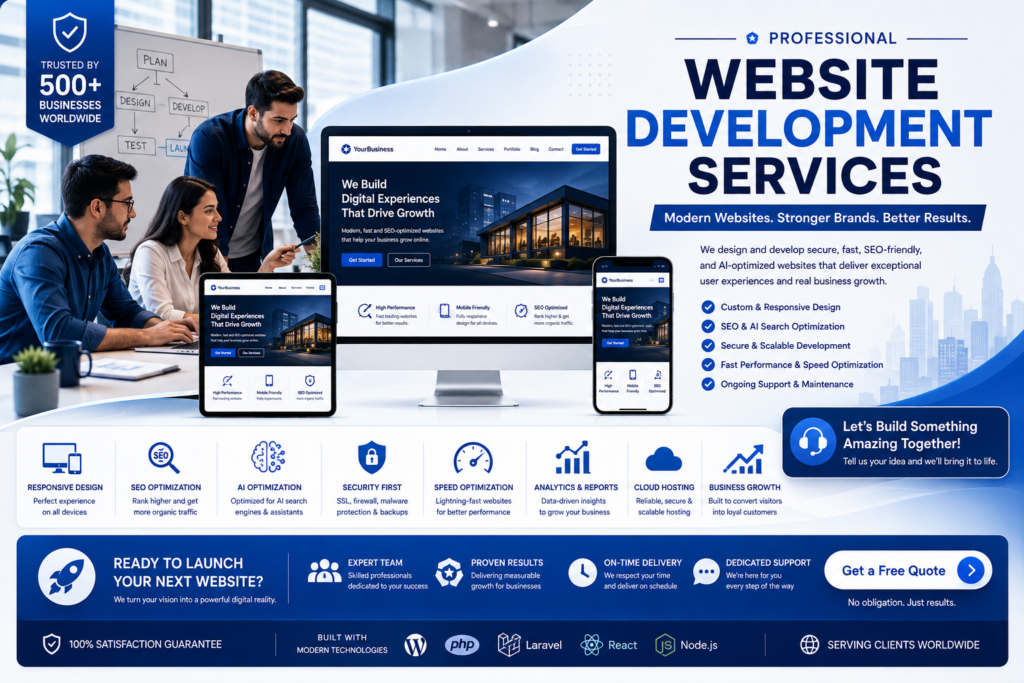 Professional website development team building modern business websites with SEO, security, AI optimization, and responsive design.