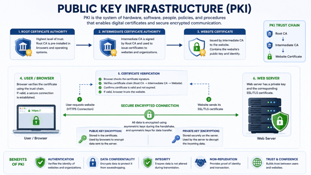 Diagram explaining Public Key Infrastructure with Certificate Authorities, public keys, private keys, and digital certificates.